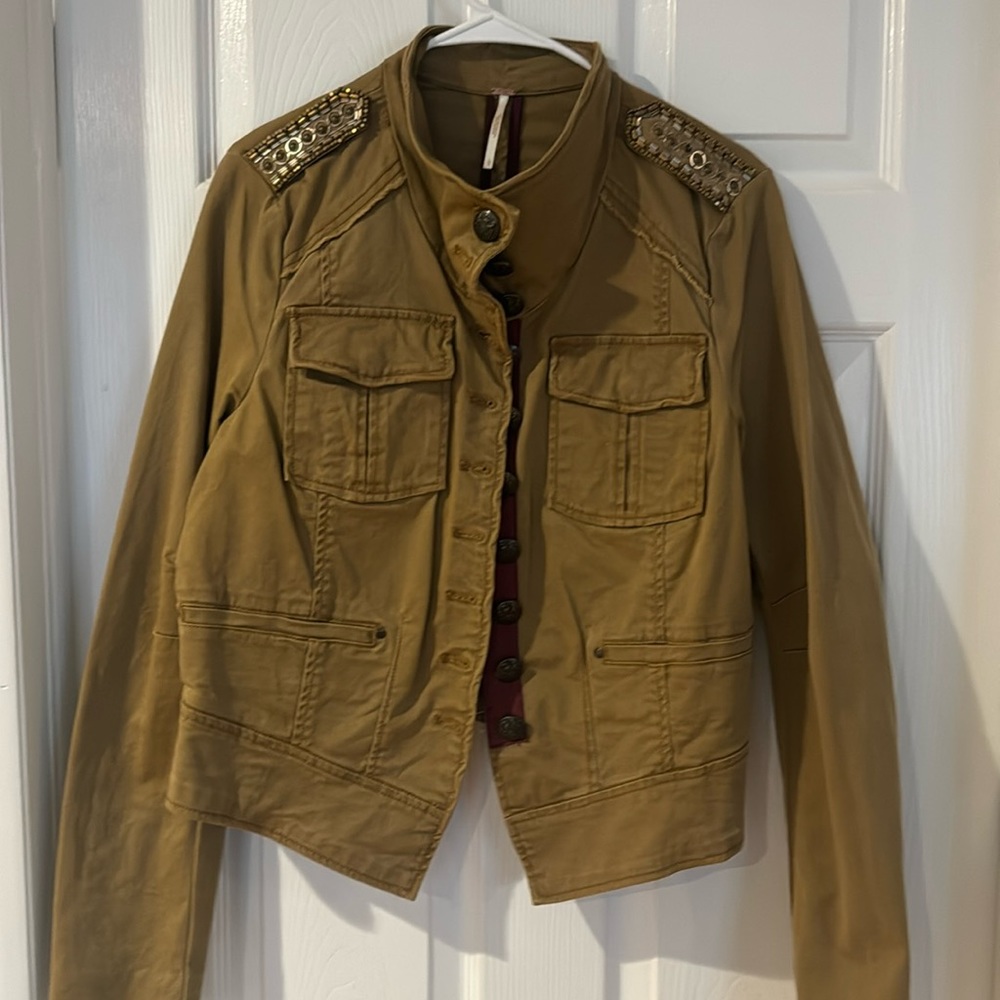 Free People embellished moto jacket. Size L. Embellished shoulders and sleeves.